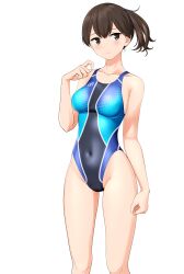 Rule 34 | 1girl, absurdres, blue one-piece swimsuit, breasts, brown eyes, brown hair, clothes writing, commentary request, competition swimsuit, covered navel, cowboy shot, feet out of frame, highres, kaga (kancolle), kantai collection, looking at viewer, medium breasts, medium hair, multicolored clothes, multicolored swimsuit, one-piece swimsuit, side ponytail, simple background, solo, standing, swimsuit, takafumi, variant set, white background