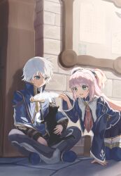 Rule 34 | 1boy, 1girl, absurdres, against wall, animal, animal on lap, atelier (series), atyao-299, black cat, blue eyes, blue jacket, blush, bulletin board, cat, feathers, green eyes, highres, holding, holding feather, jacket, long hair, long sleeves, looking at another, mana khemia, mana khemia (series), necktie, on floor, on lap, open mouth, pants, paper, philomel hartung, pink hair, red necktie, school uniform, short hair, sitting, skirt, smile, sulpher (mana khemia), thighhighs, two side up, vayne aurelius, white hair