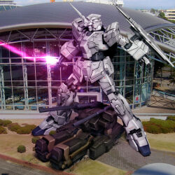 3d armored_personnel_carrier armored_vehicle building bush cannon commentary_request energy_sword glowing gundam gundam_unicorn hiropon_(tasogare_no_puu) holding holding_sword holding_weapon loto mecha mecha_focus military_vehicle mobile_suit motor_vehicle no_humans photo_background realistic road robot science_fiction shield sword tank unicorn_gundam weapon window