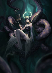 Rule 34 | 1girl, black gloves, black hair, blurry, blurry foreground, book, closed mouth, clothing cutout, feathered wings, floating, floating book, floating object, gloves, grey eyes, halo, hololive, hololive english, long hair, low wings, multicolored hair, ninomae ina&#039;nis, ninomae ina&#039;nis (1st costume), orange hair, patterned, phamoz, pointy ears, single thighhigh, sitting, smile, solo, tentacle hair, tentacles, thighhighs, very long hair, virtual youtuber, white thighhighs, wings