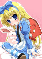 Rule 34 | 1girl, alice (alice in wonderland), alice in wonderland, apron, aqua dress, arm support, backpack, bag, bed sheet, blonde hair, blue bow, blue dress, blue eyes, blush, bow, clock, dot nose, dress, frilled apron, frills, from side, hair bow, hairband, long hair, long sleeves, looking at viewer, natsuhime yuran, open mouth, pantyhose, puffy sleeves, rabbit, randoseru, roman numeral, shoes, sitting, sleeve cuffs, solo focus, striped clothes, striped pantyhose, wariza