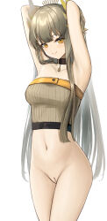 Rule 34 | 1girl, absurdres, arknights, armpits, arms up, bare shoulders, black choker, bottomless, breasts, censored, choker, cleft of venus, cowboy shot, elf, grey hair, highres, long hair, looking at viewer, mole, mole under eye, mosaic censoring, muelsyse (arknights), navel, nopetroto, pointy ears, pussy, small breasts, smile, solo, standing, stomach, strapless, tube top, very long hair, yellow eyes