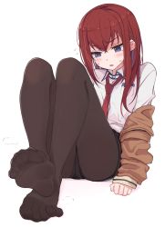Rule 34 | 1girl, black pantyhose, black shorts, blouse, blue eyes, blush, brown hair, collared shirt, commentary request, feet, foot focus, foreshortening, full body, highres, jacket, kahlua (artist), long hair, makise kurisu, necktie, no shoes, off shoulder, pantyhose, parted lips, red necktie, shirt, short shorts, shorts, simple background, sitting, solo, steins;gate, sweat, toes, white background, white shirt