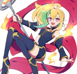 Rule 34 | 1girl, asymmetrical clothes, asymmetrical hair, black dress, black gloves, black thighhighs, blonde hair, commentary, detached sleeves, dress, duel monster, fang, fire, fire, floating, gloves, green hair, highres, holding, holding staff, long hair, looking at viewer, medium hair, multicolored hair, nanashiba (banntlla), navel, pointy ears, purple eyes, sevens road witch, shawl, short dress, side ponytail, simple background, smile, solo, staff, thighhighs, two-tone hair, white background, yu-gi-oh!, yu-gi-oh! sevens