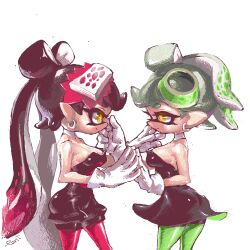 Rule 34 | 2girls, bare shoulders, black dress, callie (splatoon), cousins, dress, earrings, gloves, green pantyhose, hand on another&#039;s cheek, hand on another&#039;s face, highres, inkling, jewelry, long hair, looking at another, marie (splatoon), multiple girls, nintendo, pani spla, pantyhose, pink pantyhose, short hair, signature, splatoon (series), tentacle hair, white gloves