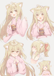 Rule 34 | 1girl, :d, :o, ahoge, animal ears, blush, brown eyes, fang, fox ears, grey background, hair between eyes, hair up, head tilt, highres, japanese clothes, kimono, konohana kitan, light brown hair, long hair, long sleeves, makiaato, multiple views, nose blush, nude, o o, obi, open mouth, parted lips, partially submerged, pinching sleeves, pink kimono, ponytail, sash, simple background, sketch, smile, tears, very long hair, wet, wide sleeves, yuzu (konohana kitan)