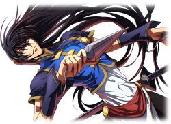 Rule 34 | 1boy, artist request, black hair, black leggings, blue shirt, brown eyes, chinese clothes, closed mouth, code geass, code geass: lost stories, covered navel, crop top, dual wielding, floating hair, game cg, gold trim, hair between eyes, hair ornament, highres, holding, kunai, leggings, li xingke, long hair, looking to the side, male focus, non-web source, official art, raglan sleeves, serious, sheath, sheathed, shirt, short sleeves, sidelocks, simple background, solo, string, sword, transparent background, tunic, very long hair, weapon