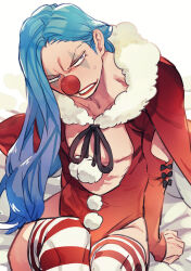 Rule 34 | 1boy, black bow, blue hair, bow, buggy the clown, cape, cleavage cutout, clothing cutout, clown, clown nose, fur-trimmed cape, fur trim, long hair, makeup, male focus, mochika, one piece, pom pom (clothes), red cape, red lips, red nose, santa costume, sitting, solo, striped clothes, striped thighhighs, sweat, teeth, thighhighs