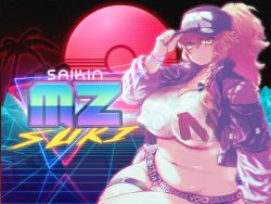 Rule 34 | 1girl, alternate costume, baseball cap, belt, black hat, black jacket, black nails, blush, braid, breasts, chromatic aberration, cleavage, closed mouth, commentary request, cookie (touhou), cowboy shot, creatures (company), crop top, english text, game freak, glitch, grid, hair between eyes, hat, high ponytail, highres, huge breasts, jacket, kirisame marisa, long hair, looking at viewer, mars (cookie), nail polish, navel, nintendo, open clothes, open jacket, otemoto (baaaaloooo), palm tree, plump, poke ball symbol, pokemon, ponytail, shirt, side braid, single braid, sitting, sky, solo, star (sky), starry sky, sunset, sweat, synthwave, thigh belt, thigh strap, touhou, tree, underboob, white shirt, wide hips, wireframe, wristband, yellow eyes, zipper