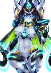 Rule 34 | 1girl, arm at side, between breasts, black hair, black sclera, blue eyes, blue hair, breasts, cameltoe, code maya, colored sclera, cowboy shot, detached collar, detached sleeves, elsword, fi-san, gloves, glowing, glowing eyes, gradient eyes, green hair, hat, highres, long hair, looking at viewer, matching hair/eyes, mecha musume, multicolored eyes, multicolored hair, necktie, no mouth, robot, short necktie, solo, spread fingers, thigh gap, transparent background, white background