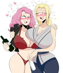 Rule 34 | 2girls, alcohol, belly, black clover, blonde hair, blue eyes, blush, bottle, bra, breasts, crossover, drunk, eyebrows, heart, hiccup, highres, huge breasts, jinu (jinusenpai), long hair, matching hair/eyes, multiple girls, naruto, naruto (series), one eye closed, open mouth, panties, pink hair, ponytail, simple background, stomach, teeth, tongue, tsunade (naruto), underwear, vanessa enoteca, white background, yellow eyes