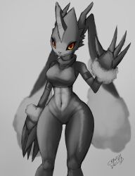 Rule 34 | 1girl, absurdres, claws, creatures (company), digimon, fang, fang out, female focus, fladramon, fusion, game freak, gen 4 pokemon, highres, horns, lopunny, nintendo, pokemon, red eyes, solo