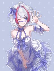 Rule 34 | 1girl, absurdres, ahoge, arm garter, bare shoulders, blue bow, blue choker, blue eyes, bow, choker, closed mouth, dress, dress bow, facial mark, frilled choker, frills, grey hair, hair bow, hand up, highres, indie virtual youtuber, multicolored hair, one eye closed, onolumi (vtuber), pink nails, red hair, second-party source, short hair, solo, sparkle background, streaked hair, takahisa ryo, virtual youtuber, white dress