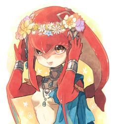 Rule 34 | 1girl, :d, arms up, bare shoulders, blush, bracer, breasts, choker, collarbone, colored skin, daisy, fins, fish girl, flower, hair between eyes, hair ornament, head wreath, jewelry, kinako (462), lips, long hair, looking up, midriff, mipha, monster girl, multicolored skin, necklace, nintendo, no eyebrows, no nipples, no nose, open mouth, orange eyes, pink lips, princess, red hair, red skin, shiny skin, sidelocks, small breasts, smile, solo, tareme, teeth, the legend of zelda, the legend of zelda: breath of the wild, upper body, white skin, zora