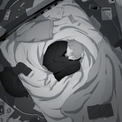Rule 34 | 1boy, avogado6, barefoot, blanket, cellphone, colored skin, commentary request, curled up, fetal position, from above, grey hair, greyscale, male focus, messy room, monochrome, on bed, original, pants, phone, power strip, shirt, smartphone, solo, white skin