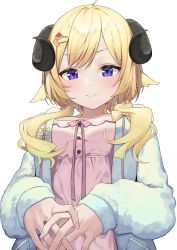 Rule 34 | 1girl, absurdres, animal ears, blonde hair, blue jacket, blush, closed mouth, dress, highres, hololive, horns, jacket, long hair, long sleeves, looking at viewer, open clothes, open jacket, pink dress, purple eyes, sheep ears, sheep horns, simple background, sleeves past wrists, smile, solo, syhan, tsunomaki watame, tsunomaki watame (loungewear), twintails, upper body, virtual youtuber, white background