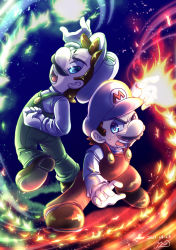 Rule 34 | 2boys, 73kou33, absurdres, angry, blue eyes, brothers, brown hair, facial hair, fire, fire luigi, fire mario, fireball, full body, gloves, hat, highres, looking at viewer, luigi, mario, mario (series), multiple boys, mustache, nintendo, open mouth, siblings, super mario bros. 1, sweat, twins