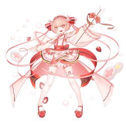 Rule 34 | 1girl, absurdres, arrow (projectile), bow, daifuku, dress, food, food fantasy, frills, fruit, full body, hair bow, hair ornament, hair ribbon, hand up, highres, ichigo daifuku, long sleeves, open mouth, pink hair, rabbit hair ornament, red bow, red eyes, red footwear, ribbon, shoes, simple background, sleeves past wrists, smile, solo, standing, strawberry, strawberry daifuku (food fantasy), symbol-shaped pupils, thighhighs, wagashi, white background, white dress, white thighhighs, wide sleeves, zelato
