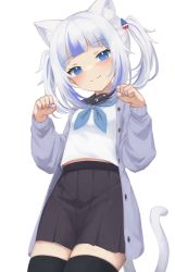 Rule 34 | 1girl, :3, absurdres, alternate tail, animal ear fluff, animal ears, black skirt, black thighhighs, blue eyes, blue hair, blue nails, blunt bangs, blush, cat ears, cat girl, cat tail, commentary, english commentary, gawr gura, hair ornament, hairclip, head tilt, highres, hololive, hololive english, kemonomimi mode, klaius, looking at viewer, multicolored hair, nail polish, paw pose, pleated skirt, simple background, skirt, smile, solo, streaked hair, tail, thighhighs, twintails, two-tone hair, virtual youtuber, white background, white hair, zettai ryouiki