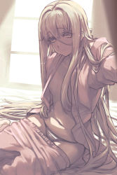 Rule 34 | 1girl, bed, blonde hair, blush, breasts, closed mouth, hair between eyes, hand in own hair, highres, indoors, long hair, long sleeves, looking at viewer, messy hair, mi2mi2 minmi, morning, on bed, open clothes, open shirt, original, pajamas, pajamas pull, panties, pink eyes, pink pajamas, shirt, sitting, small breasts, solo, underwear, very long hair, window