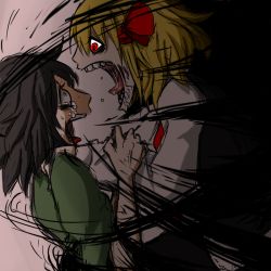 Rule 34 | 2girls, big mouth, blonde hair, brown hair, crying, darkness, grabbing, hair ribbon, hands on another&#039;s shoulders, multiple girls, noumen, open mouth, red eyes, ribbon, rumia, scared, screaming, short hair, tears, teeth, tongue, tongue out, touhou, veins, vore