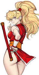 Rule 34 | 1girl, ass, back, big hair, blonde hair, breasts, female focus, final fight, from behind, genryuusai maki, high ponytail, highres, hip focus, long hair, looking at viewer, looking back, medium breasts, ninja, ponytail, red eyes, salute, sash, simple background, sketch, solo, street fighter, tetsu (kimuchi), thighs, tonfa, two-finger salute, weapon, white background