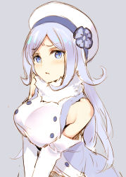 Rule 34 | 1girl, aila jyrkiainen, bare shoulders, blue eyes, blush, breasts, breasts squeezed together, dress, elbow gloves, flower, from above, frown, fur collar, gloves, grey background, gundam, gundam build fighters, hair flower, hair ornament, hat, large breasts, long hair, looking at viewer, parted bangs, silver hair, simple background, sleeveless, sleeveless dress, solo, standing, tatami to hinoki, v arms