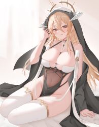 Rule 34 | 1girl, absurdres, azur lane, bare shoulders, blonde hair, breast cutout, breasts, cleavage, doraski, fake horns, habit, hair between eyes, hand in own hair, highres, horns, implacable (azur lane), large breasts, long bangs, long hair, looking at viewer, naughty face, nun, pelvic curtain, red eyes, revealing clothes, see-through, solo, thighhighs, two-tone dress, veil, white horns, white thighhighs