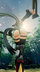 Rule 34 | 1girl, 3d, ass, ass focus, black leotard, breasts, butterfly swords, curvy, forest, full body, highleg, highleg leotard, highres, holding, holding weapon, huge ass, iroha (samurai spirits), large breasts, leotard, maid, maid headdress, nature, samurai spirits, screencap, shiny skin, short hair, sideboob, skindentation, sky, solo, thighhighs, third-party edit, thong leotard, weapon, wide hips