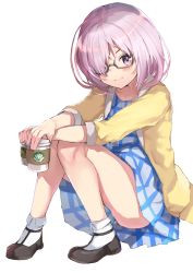 Rule 34 | &gt;:), 1girl, blush, brown-framed eyewear, brown footwear, cardigan, casual, closed mouth, coffee cup, cup, disposable cup, fate/grand order, fate (series), full body, glasses, hair over one eye, highres, holding, holding cup, knees together feet apart, light purple hair, looking at viewer, mash kyrielight, mash kyrielight (senpai killer outfit), mugcup, official alternate costume, open cardigan, open clothes, purple eyes, purple hair, semi-rimless eyewear, shoes, short hair, simple background, sitting, sleeves past elbows, smile, socks, solo, thighs, under-rim eyewear, v-shaped eyebrows, white background, white socks