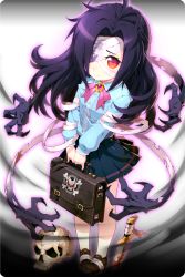 Rule 34 | 1girl, aged down, ahoge, alternate costume, bag, bandage over one eye, black hair, blue skirt, bookbag, briefcase, brown footwear, comiccho, highres, long hair, looking at viewer, official art, ravian (soccer spirits), red eyes, school briefcase, shoes, skirt, skull, skull and crossbones, soccer spirits, socks, solo, standing, sword, transparent background, weapon, white socks