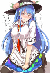 Rule 34 | 1girl, angry, ascot, blue hair, breasts, dress, food, fruit, hat, hat ornament, hinanawi tenshi, kneeling, large breasts, long hair, looking at viewer, neropaso, no shoes, pantyhose, peach, red eyes, seiza, short sleeves, sitting, skirt hold, solo, thighhighs, touhou, white dress