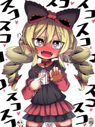 Rule 34 | 1girl, black dress, blonde hair, blue eyes, blush, bow, choker, curly hair, dress, drill hair, fangs, hair bow, hand gesture, heart, heart-shaped pupils, highres, long hair, motion blur, motion lines, moyachii, naughty face, open mouth, original, penetration gesture, pointy ears, ribbon, sexually suggestive, short dress, smile, solo, symbol-shaped pupils, twintails