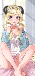 Rule 34 | 1girl, :d, absurdres, animal ears, bare legs, barefoot, blonde hair, blue jacket, blush, crossed ankles, flower, hair ornament, hairclip, haru yu, head wreath, highres, holding, holding hair, hololive, horns, jacket, knees apart feet together, long hair, long sleeves, looking at viewer, on bed, open clothes, open jacket, open mouth, panties, petals, pink panties, purple eyes, sheep ears, sheep girl, sheep horns, shirt, sitting, smile, solo, thigh strap, tsunomaki watame, tsunomaki watame (loungewear), twintails, underwear, virtual youtuber, white flower, white shirt