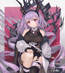 Rule 34 | 1girl, :o, aota (tokidoki cc), arknights, asymmetrical legwear, bare shoulders, black hairband, black shirt, black shorts, black socks, black thighhighs, breasts, commentary, hair between eyes, hairband, head tilt, horns, jacket, long hair, long sleeves, looking at viewer, medium breasts, off shoulder, open clothes, open jacket, parted lips, puffy long sleeves, puffy sleeves, purple eyes, purple hair, shirt, shorts, signature, single sock, single thighhigh, sitting, sleeveless, sleeveless shirt, sleeves past wrists, socks, solo, thighhighs, typhon (arknights), very long hair, white jacket