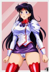 Rule 34 | 1girl, absurdres, agent aika, aika (series), ascot, bishoujo senshi sailor moon, black ascot, black hair, black skirt, blank eyes, breasts, buttons, cameltoe, commentary, cosplay, crotch seam, delmogeny uniform, double-breasted, highres, hino rei, jacket, juliet sleeves, legs, long hair, long sleeves, medium breasts, panties, pantyshot, pencil skirt, puffy sleeves, red footwear, rosvo, sailor mars, skirt, solo, striped clothes, striped panties, taut clothes, underwear, uniform, white delmo, white jacket
