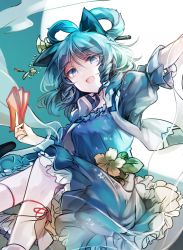 Rule 34 | 1girl, animal ears, aqua background, blue dress, blue eyes, cat ears, dress, drill hair, feet out of frame, flower, hair ornament, hair rings, hair stick, highres, kaku seiga, kemonomimi mode, kutsuki kai, looking at viewer, ofuda, open mouth, outstretched arm, petals, petticoat, puffy short sleeves, puffy sleeves, ribbon, shawl, short sleeves, smile, solo, touhou, twin drills, two-tone background, vest, white background