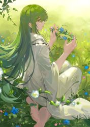 Rule 34 | absurdres, ambiguous gender, androgynous, holding behind back, chinese commentary, enkidu (fate), fate/grand order, fate/strange fake, fate (series), flower, gender request, grass, green eyes, green hair, highres, holding, holding flower, holding wreath, long hair, looking at object, prejun, robe, sitting, smile, solo, type-moon, very long hair, wreath