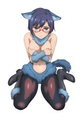 Rule 34 | 1girl, animal ears, artist request, black pantyhose, blue eyes, blue hair, blush, boots, breasts, cat ears, covering breasts, covering privates, glasses, highres, large breasts, looking at viewer, navel, official art, pantyhose, shigure kasumi, simple background, solo, source request, valkyrie drive, valkyrie drive -mermaid-, white background