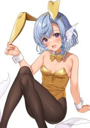 Rule 34 | 1girl, :d, animal ears, bare shoulders, black pantyhose, blue hair, blush, bow, bowtie, braid, breasts, cleavage, commentary, detached collar, elliot leucosia, enjo kouhai, fake animal ears, feet out of frame, fins, hairband, head fins, highres, knees up, leotard, looking at viewer, open mouth, pantyhose, playboy bunny, purple eyes, rabbit ears, short hair, side braid, simple background, sitting, small breasts, smile, solo, strapless, strapless leotard, takunomi, white background, wrist cuffs, yellow bow, yellow bowtie, yellow hairband, yellow leotard