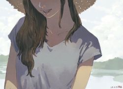 Rule 34 | 1girl, artist name, brown hair, dated, grey shirt, hat, head out of frame, highres, lips, long hair, open mouth, original, parted lips, shirt, signature, smile, solo, straw hat, sun hat, t-shirt, upper body, zennosuke