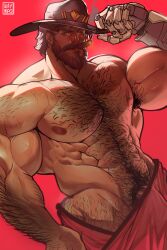 Rule 34 | 1boy, abs, absurdres, adjusting clothes, adjusting headwear, bara, beard, brown eyes, brown hair, bulge, cassidy (overwatch), cigar, covering privates, cowboy hat, facial hair, hat, highres, large pectorals, male focus, mature male, mechanical arms, muscular, muscular male, navel, navel hair, nipples, nude cover, overwatch, pectorals, penis, penis peek, short hair, sideburns, single mechanical arm, smoking, solo, stomach, sweat, thick arm hair, thick beard, thick chest hair, thick mustache, thick navel hair, thick thighs, thighs, topless male, very hairy, waympo