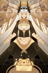 Rule 34 | 1girl, absurdres, alternate costume, arknights, black dress, breasts, candle, closed eyes, closed mouth, commentary, crown, dress, english commentary, feet out of frame, highres, horns, jewelry, kinohara kossuta, long hair, material growth, mudrock (arknights), navel, oripathy lesion (arknights), pointy ears, reaching, reaching towards viewer, smile, standing, stomach, twitter username