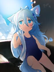 Rule 34 | 1girl, ahoge, animal ear fluff, animal ears, arm up, blue eyes, blue hair, blue one-piece swimsuit, blush, breasts, cloud, fox ears, fox girl, fox tail, highres, indoors, long hair, one-piece swimsuit, original, school swimsuit, sitting, sky, small breasts, solo, sweat, swimsuit, tail, thighs, toba hiyoko, towel, window, wiping face