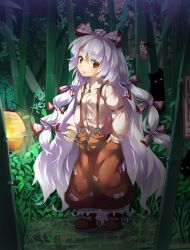 Rule 34 | 1girl, absurdly long hair, ankle boots, armband, bamboo, bamboo forest, boots, creature, dress shirt, fingernails, forest, fujiwara no mokou, full body, glowing, glowing eyes, grass, hair ribbon, hand in pocket, head tilt, highres, kunai, lantern, leaf, long hair, long sleeves, looking at viewer, nature, night, ofuda, open pants, outdoors, pants, paper lantern, piyodesu, red eyes, ribbon, shirt, smile, solo, standing, suspenders, touhou, very long hair, weapon, white hair