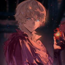 Rule 34 | 1boy, black gloves, blonde hair, blue eyes, blurry, blurry background, closed mouth, collared shirt, embers, final fantasy, final fantasy xvi, fire, fire, gloves, hair between eyes, joshua rosfield, light smile, looking at viewer, male focus, messy hair, neckerchief, pudding49500, red neckerchief, shirt, short hair, solo, upper body