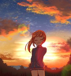 Rule 34 | 1girl, backlighting, blue sky, brown hair, closed eyes, cloud, cloudy sky, commentary, facing viewer, forest, gradient sky, hands in pockets, jacket, lens flare, long hair, long sleeves, mountain, nature, open mouth, orange sky, outdoors, ponytail, saki, saki (manga), saki achiga-hen, shibugaki, sky, smile, solo, standing, sunset, takakamo shizuno, track jacket, wind