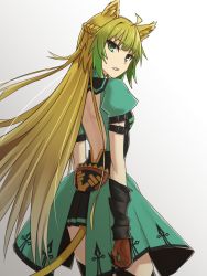 Rule 34 | 1girl, ahoge, animal ears, atalanta (fate), backless dress, backless outfit, blonde hair, cat ears, cat tail, dress, elfenlied22, fate/apocrypha, fate (series), from behind, gloves, gradient hair, green eyes, green hair, highres, long hair, multicolored hair, solo, tail
