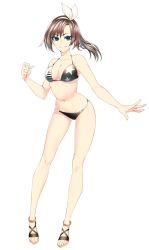 Rule 34 | 1girl, ankleband, bikini, black bikini, blue eyes, bow, bow hairband, breasts, brown hair, character request, cleavage, closed mouth, copyright request, full body, hair bow, hairband, highres, large breasts, looking at viewer, navel, ponytail, sandals, shukusuri, simple background, smile, solo, swimsuit, white background, white bow, white hairband