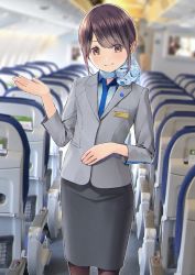 Rule 34 | 1girl, airplane interior, all nippon airways, black pantyhose, blazer, blue neckwear, blue shirt, blurry, blurry background, blush, brown eyes, brown hair, chair, chikuwa (odennabe), closed mouth, flight attendant, grey jacket, grey skirt, hand up, jacket, long hair, long sleeves, looking at viewer, original, pantyhose, pencil skirt, photo background, shirt, skirt, smile, solo, standing, travel attendant, uniform